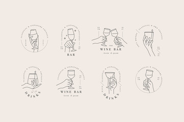 Vector design linear template logos or emblems - hands in in different gestures glass of drink. Abstract symbol for cafe or bar.