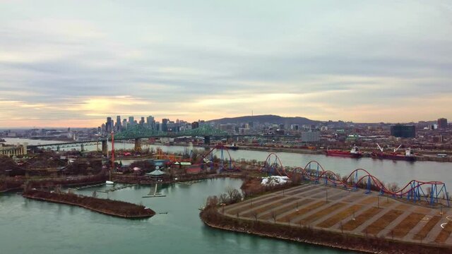 Montreal aerial view with Laronde and Jaque cartier bridge in foreground