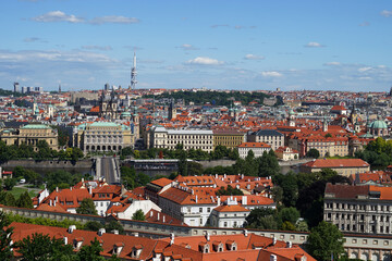 Fototapeta na wymiar Prague city center panoramic aerial drone view cityscape, blue sky, summer weather