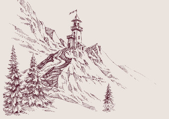 A castle on top of the mountains hand drawing