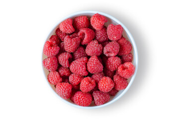 Raspberry. Ripe berries in a white plate. Isolated on white