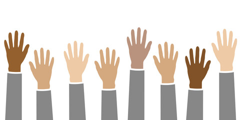 raised hands in different skin colors isolated on white vector illustration EPS10
