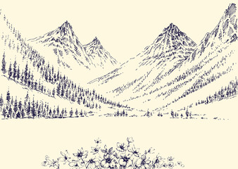 Mountains panorama and alpine pine forest landscape hand drawing