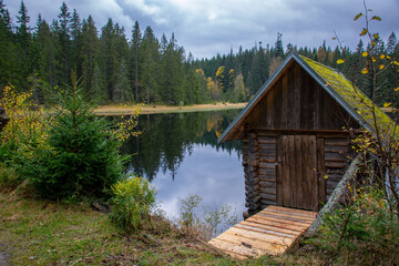 Fototapeta na wymiar Wooden house at Bohemian forest, Polka, Czech republic
