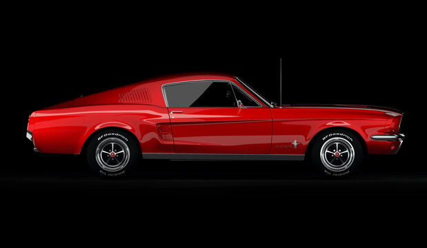 Almaty, Kazakhstan - March 15, 2020: Ford mustang 1967 retro sports car coupe on black background. 3d render
