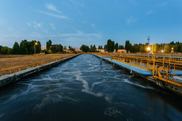 Modern wastewater treatment plant. Tanks for aeration and biological purification of sewage at night
