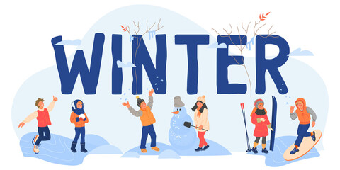 Winter banner template with cute children characters enjoying snow weather. Background for winter sale events and sport outdoor activity with kids playing snow and big word Winter, vector illustration