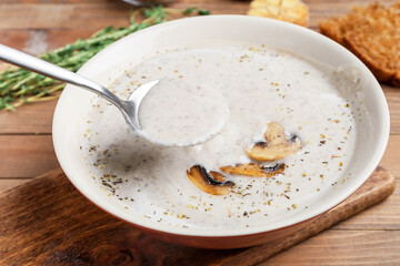 Tasty mushroom cream soup in  bowl, closeup