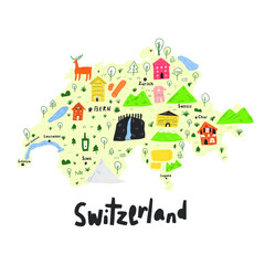 Illustrted map of Switzerland in handdrawn vector style. Cartoon map of Switzerland. Vector illustration in colorful style.