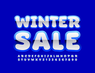 Vector promo poster Winter Sale. Glossy Blue and White Font. Comic style Alphabet Letters and Numbers