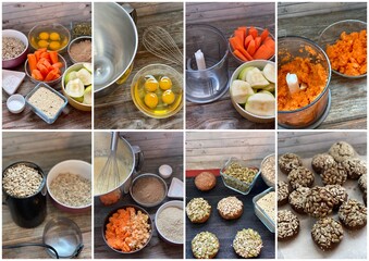 Recipe step by step - how to bake gluten-free bread from apples, carrots, Flaxseed flour and sunflower seeds.