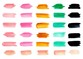 Collection of abstract pink, peach, green, yellow gold and black watercolor brush strokes