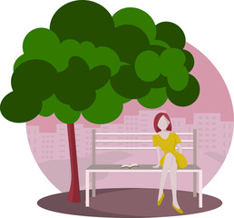 Vector drawing of a young girl sitting in the park on a bench with a book. Bright beautiful fashion illustration.