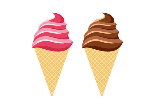 Delicious strawberry and chocolate ice cream cone icons set vector. Strawberry ice cream cone vector. Chocolate ice cream vector. Fresh pink and brown ice cream icons isolated on a white background