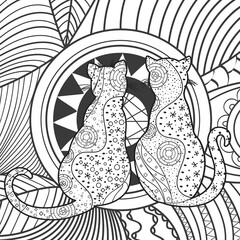 Square zen pattern. Zentangle. Cats on abstract square shape. Hand drawn abstract cat. Black and white illustration for colouring