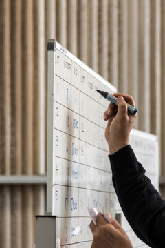 Writing on a whiteboard in a shed