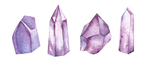 Set of crystals in watercolor. Stones of amethyst other hand drawn .Illustration in indie style isolated on white background.