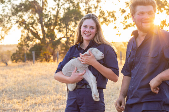 Two farm workers with a baby lamb