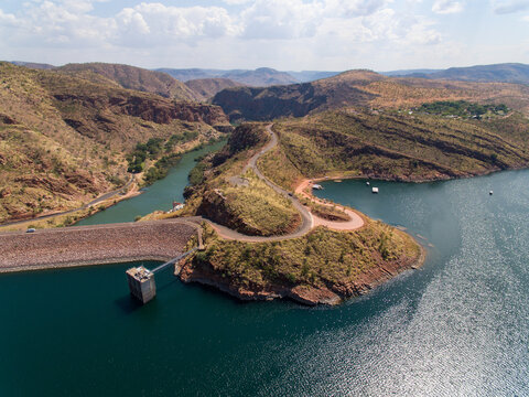 Aerial view over Lake Argyle showing the dam wall