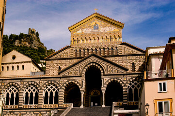 The Amalfi Cathedral located on the hillside above Amalfi harbor in Italy. 