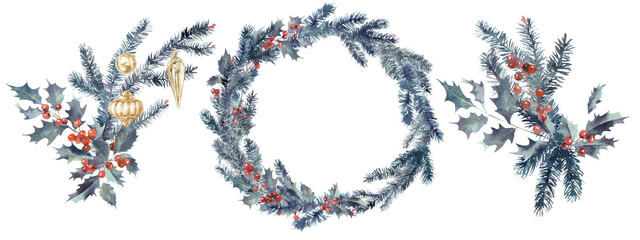 Merry Christmas and New Year watercolor hand painted set