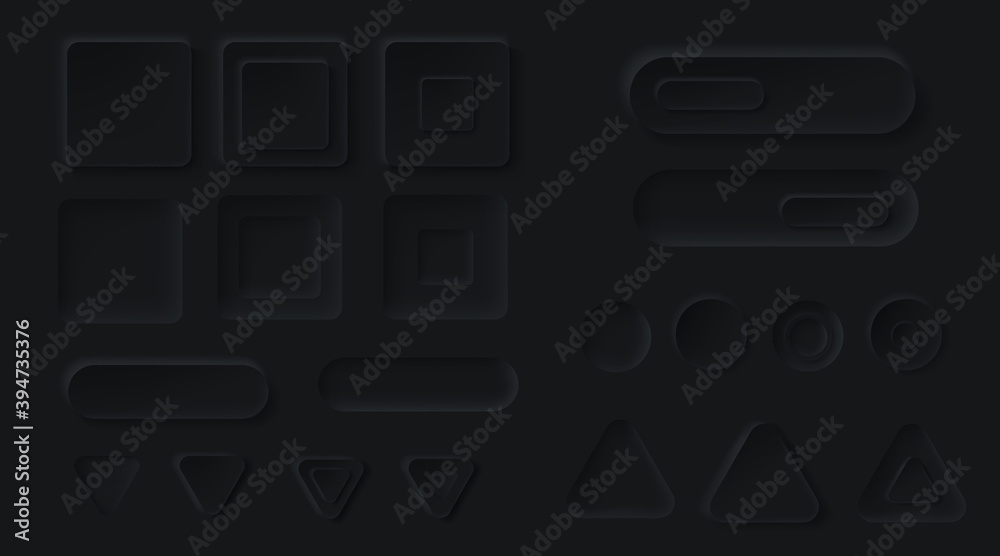 Poster neumorphic black buttons for ui app. vector 3d design elements for user interface, blank circle, tri
