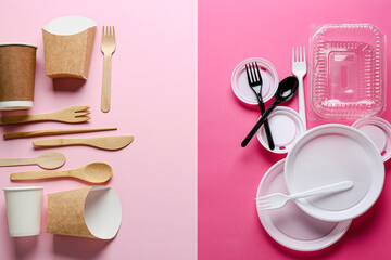 Eco and plastic tableware on color background