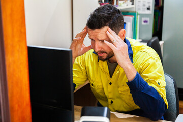 Male tradie at home office desk feeling overwhelmed and exhausted