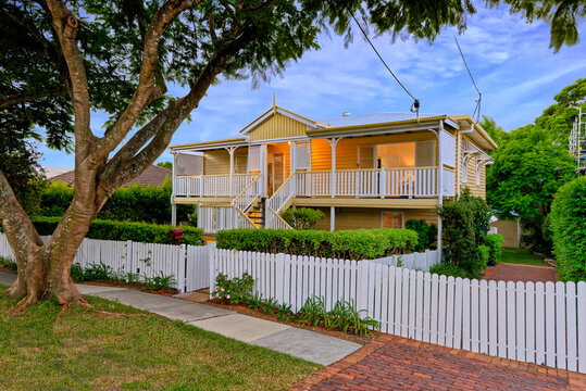 Queenslander home in Brisbane photographed at dusk
