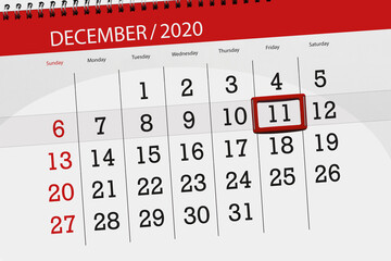 Calendar planner for the month december 2020, deadline day, 11, friday