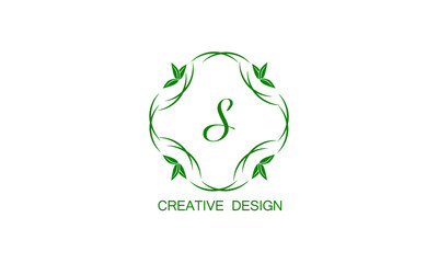 Creative minimalistic floral logo with the letter S on a white background. Exquisite monogram template, invitation, postcard, restaurant, boutique, cafe.