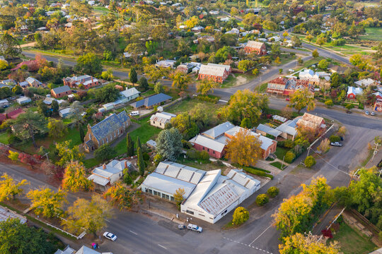 Aerial view of streets in a rural town in autumn