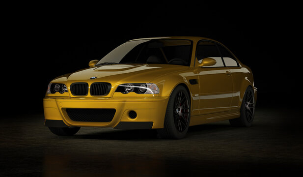 Almaty, Kazakhstan - Oktober 19, 2020: BMW M3 E46 csl sports car on the dark background. 3d render
