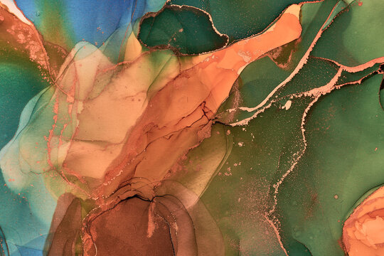 Natural  luxury abstract fluid art painting in alcohol ink technique. Tender and dreamy  wallpaper. Mixture of colors creating transparent waves and golden swirls. For posters, other printed materials