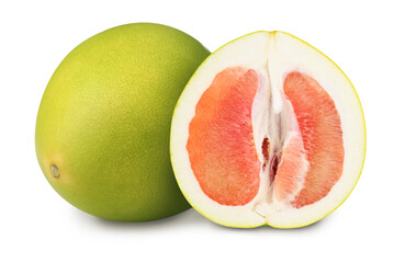 Cut and whole pomelo fruits on white background