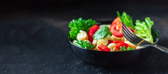 pasta salad fusilli tomato snack vegetable lettuce healthy gluten free ingredient vitamin top view copy space for text food background 