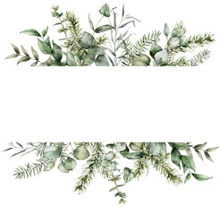 Watercolor Christmas border with fir and eucalyptus branches. Hand painted holiday plants isolated on white background. Floral illustration for design, print, fabric or background. © yuliya_derbisheva