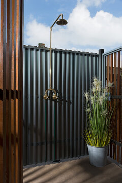 Outdoor shower detail in a new modern house
