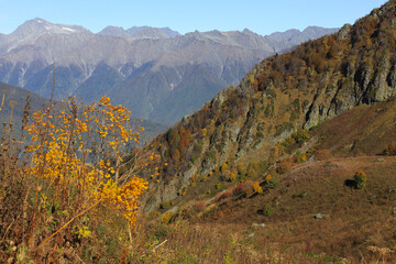 Beautiful panoramic landscape of mountains against the background of blue sky. Walk in the alpine meadows. Travel and recreation in the mountains in the wild.