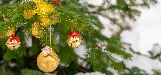 Christmas balls of gold color on a spruce branch