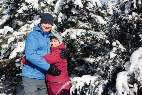 Middle Age Couple Hug At The Snowy Winter Park. A Man And A Woman In Blue And Red Jackets Having Fun Among Fir Trees Covered With Snow. Love, Togetherness And Holidays Concept.