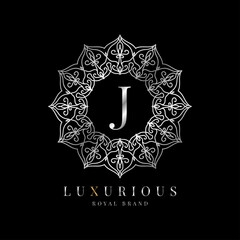 letter J luxury round alphabet logo template vector mandala for premium brand, personal branding identity, boutique, spa, wedding, gown, make up artist and cosmetic