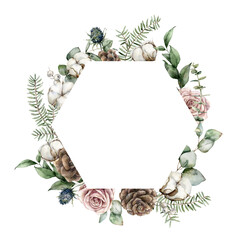Watercolor Christmas frame with roses, pine cones, eucalyptus leaves, fir branches and cotton flowers. Hand painted holiday illustration isolated on white background. For design, print or background.