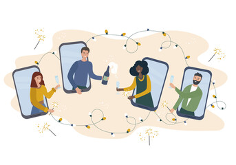 Online party. Friends celebrate, have fun, drink wine in video chat in smartphones. During the quarantine people celebrate important events and holidays remotely. video call. vector flat card