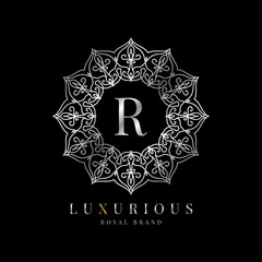 letter R luxury round alphabet logo template vector mandala for premium brand, personal branding identity, boutique, spa, wedding, gown, make up artist and cosmetic