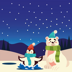 merry christmas cute penguin and polar bear in the lake celebration