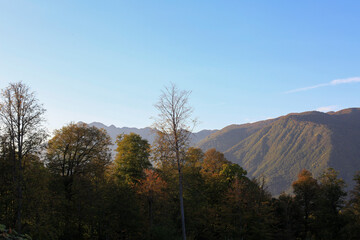 Fototapeta premium Beautiful bright panorama of the mountain landscape at sunset against the background of the blue sky