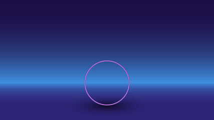 Neon circle symbol on a gradient blue background. The isolated symbol is located in the bottom center. Gradient blue with light blue skyline