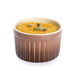 Tasty pumpkin pudding on white background