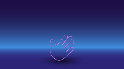 Neon hand symbol on a gradient blue background. The isolated symbol is located in the bottom center. Gradient blue with light blue skyline